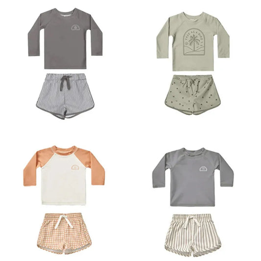 -キッズ水着 セパレートセット 長袖トップス+ショートパンツ ボーイズ ラッシュガード スイムウェア【mh0006162】 - mamahalo shop - ベビー用水着 - べビー服 - 子供服 - 男の子 - 女の子