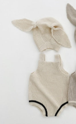 -ベビー ニット サスペンダー ロンパース うさ耳 帽子 セット ガールズ - mamahalo shop - ノースリーブロンパース - べビー服 - 子供服 - 男の子 - 女の子