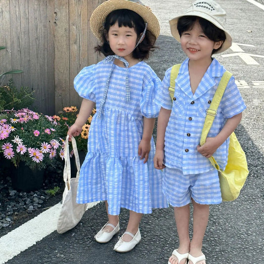 -キッズセットアップ 2点セット/ワンピース ボーイズ半袖サファリシャツ+ショートパンツ/ガールズ半袖パフスリーブワンピース チェック リンクコーデ 兄弟姉妹 お揃いコーデ【mh0004980】 - mamahalo shop - 半袖セットアップ - べビー服 - 子供服 - 男の子 - 女の子