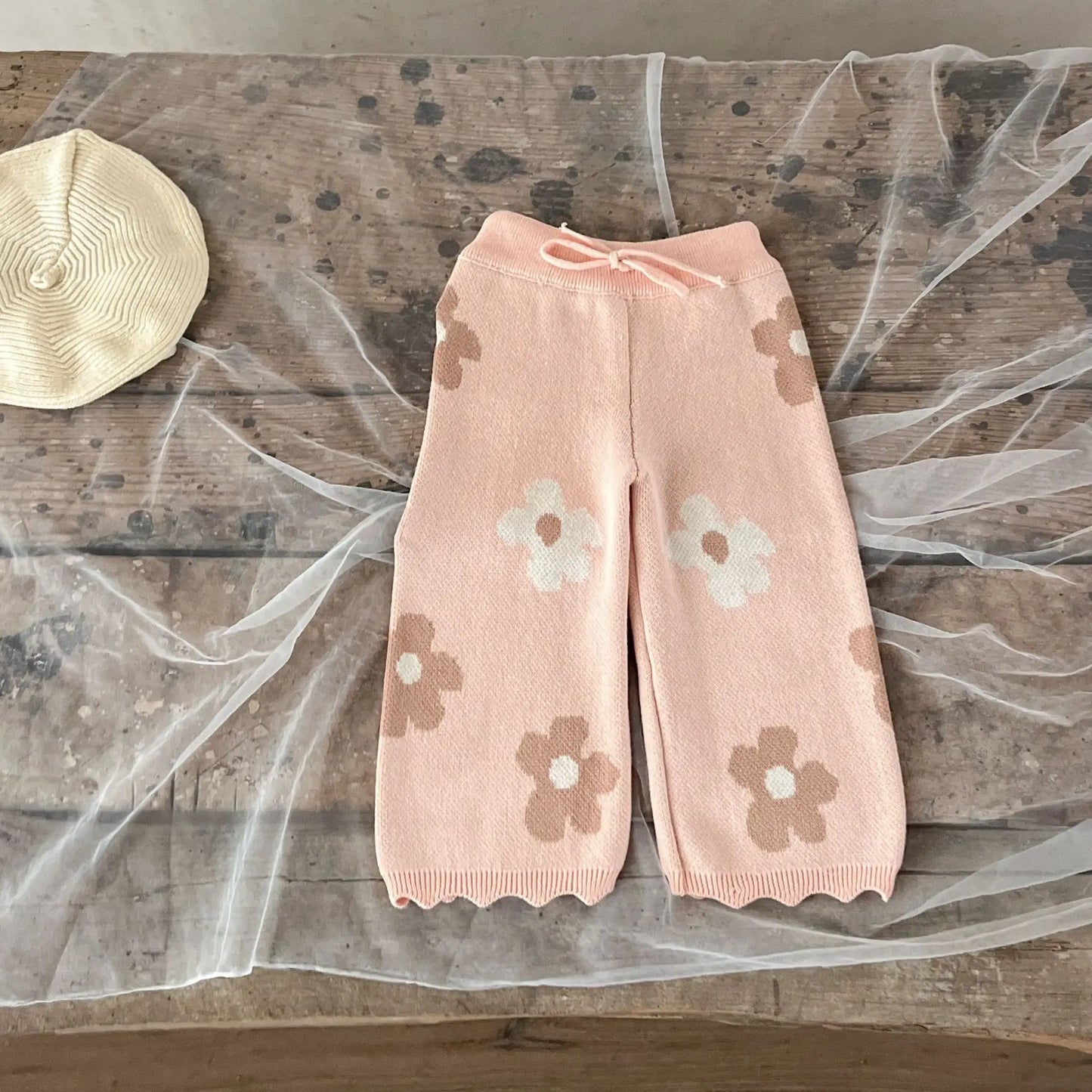 -ベビーセットアップ 2点セット レトロフラワーニット長袖カットソー+ロングニットパンツ ピンク【mh0007431】 - mamahalo shop - 長袖セットアップ - べビー服 - 子供服 - 男の子 - 女の子