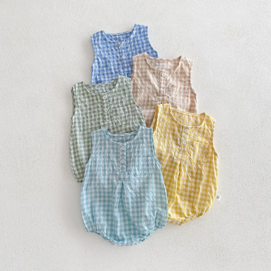 -ベビーロンパース ノースリーブボディスーツ パステルチェック柄 5カラー【mh0004477】 - mamahalo shop - ノースリーブロンパース - べビー服 - 子供服 - 男の子 - 女の子