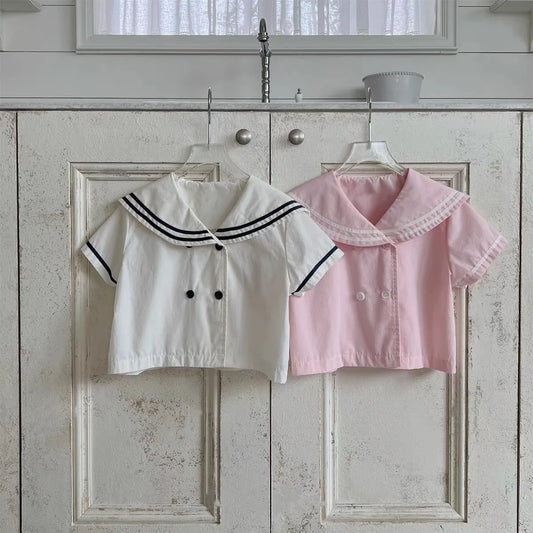 -キッズトップス ネイビーカラー 半袖シャツ ブラウス マリンスタイル 2カラー【mh0005926】 - mamahalo shop - 半袖シャツ・ブラウス - べビー服 - 子供服 - 男の子 - 女の子