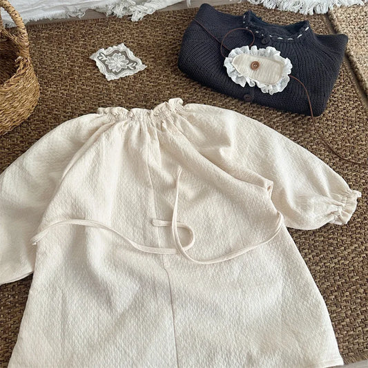 -キッズワンピース ワンポイント三角タグフリルカラー長袖スモッグワンピース ベージュ - mamahalo shop - 長袖ワンピース - べビー服 - 子供服 - 男の子 - 女の子