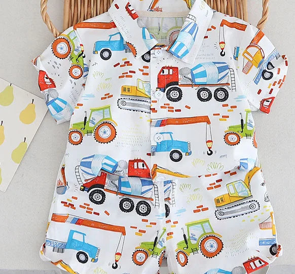 -キッズセットアップ 2点セット 半袖アロハシャツ+ショートパンツ 車 キャラクター 総柄プリント【mh0004484】 - mamahalo shop - 半袖セットアップ - べビー服 - 子供服 - 男の子 - 女の子