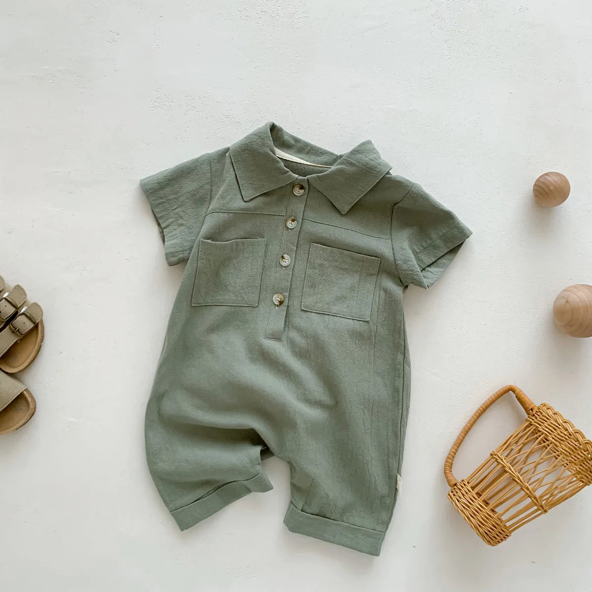 -ベビー シンプル 半袖 シャツ ジャンプスーツ ベージュ グリーン ボーイズ - mamahalo shop - 半袖ジャンプスーツ - べビー服 - 子供服 - 男の子 - 女の子