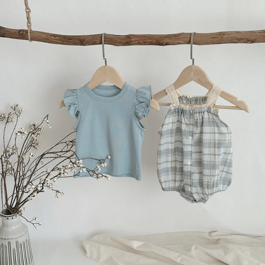 -ベビートップス/ロンパース フリルスリーブTシャツ/チェックサスペンダーボディスーツ【mh0005537】 - mamahalo shop - ノースリーブロンパース - べビー服 - 子供服 - 男の子 - 女の子