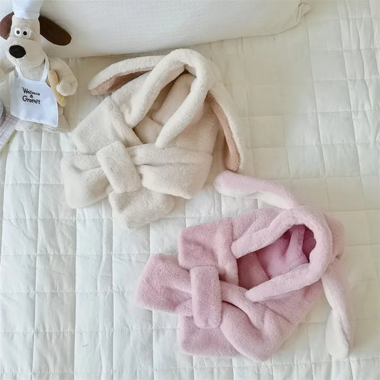 -ベビーキッズマフラー付き帽子 耳付き帽子 ネックウォーマー イヤーマフ ボアフリース 3カラー ユニセックス 男の子 女の子 子供服 - mamahalo shop - ベビー用帽子 - べビー服 - 子供服 - 男の子 - 女の子