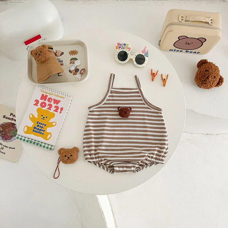 -ベビーロンパース キャミソールボディスーツ ボーダー ベアくまアップリケ【mh0006267】 - mamahalo shop - ノースリーブロンパース - べビー服 - 子供服 - 男の子 - 女の子