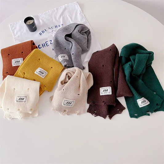 -キッズマフラー ネックウォーマー ニットスカーフ 無地 ダメージ加工 - mamahalo shop - ネックウォーマー - べビー服 - 子供服 - 男の子 - 女の子