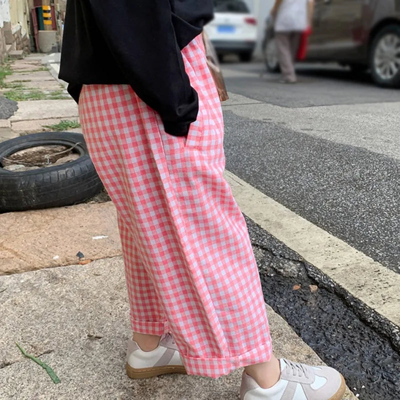 -キッズパンツ ギンガムチェック ロングルーズパンツ ピンク - mamahalo shop - ロングパンツ・スウェットパンツ - べビー服 - 子供服 - 男の子 - 女の子