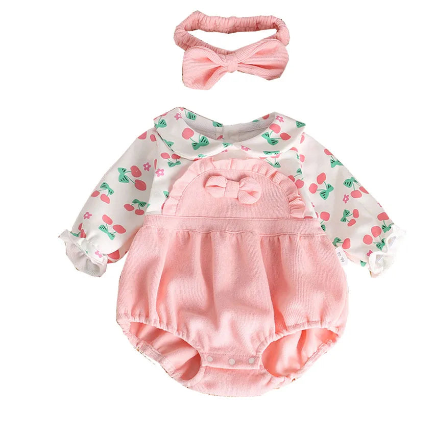 -ベビーロンパース リボンヘアバンドセット ドッキング長袖ボディスーツ フリル リボン チェリー ピンク【mh0006457】 - mamahalo shop - 長袖ロンパース - べビー服 - 子供服 - 男の子 - 女の子