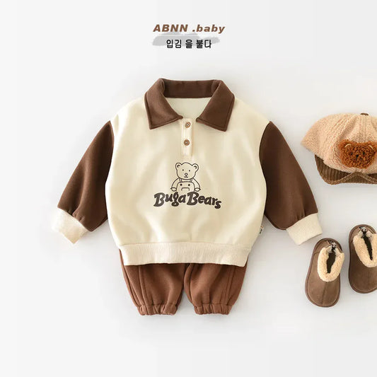 長袖シャツ・ブラウス ベビーキッズトップス ベアくまプリント裏フリース長袖ポロシャツ【mh0007797】