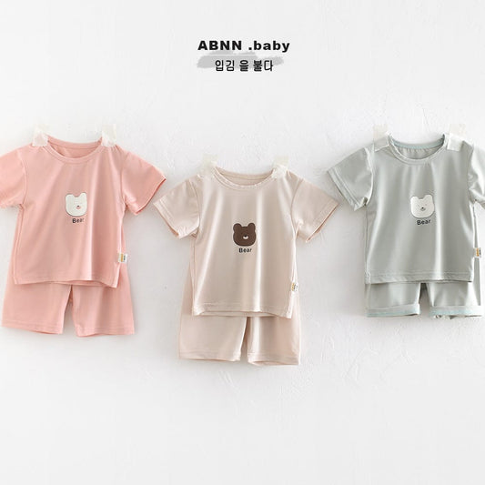 半袖セットアップ ベアくまプリント半袖Tシャツ+ハイウェストパンツセットアップ 2点セット【mh0009608】