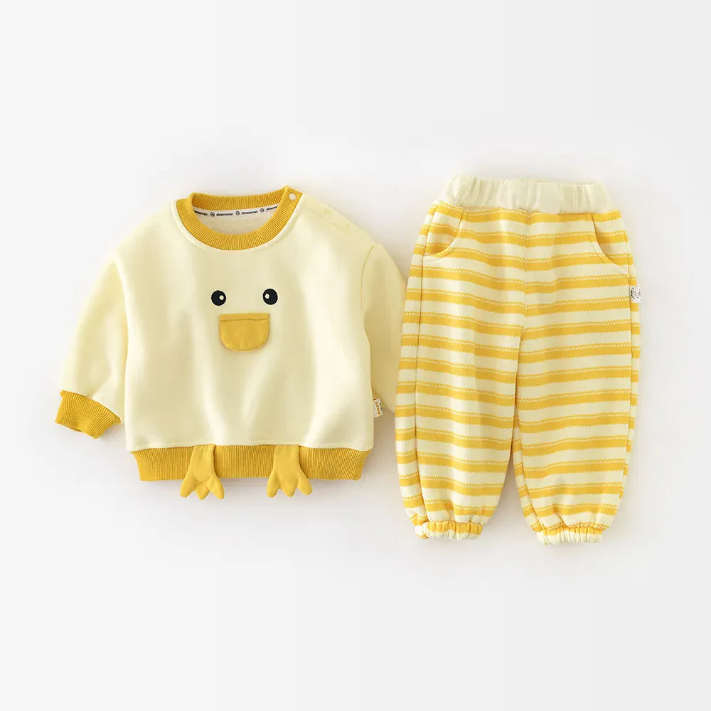 イエロー アヒル顔アップリケ付き長袖スウェット&ボーダーパンツ2点セット
