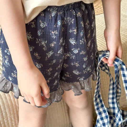 ハーフパンツ・ショートパンツ キッズパンツ フリルショートパンツ フラワー小花柄プリント レトロ 2カラー【mh0005432】