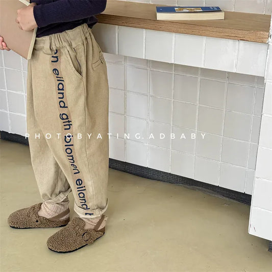 ロングパンツ・スウェットパンツ キッズパンツ ルーズロングパンツ レターロゴサイドライン 2カラー【mh0006612】