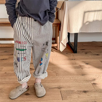 ロングパンツ・スウェットパンツ キッズパンツ ストライプお絵描きプリントパッチワークワイドルーズハーレムパンツ 2カラー【mh0006848】
