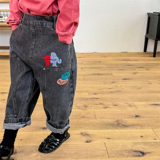 デニムパンツ キッズパンツ 刺繍ワッペンパッチルーズロングデニムパンツジーンズ 2カラー【mh0007539】