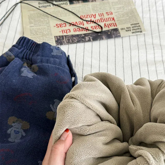 ロングパンツ・スウェットパンツ キッズパンツ レトロアニマルプリント裏フリースロングルーズパンツ 2カラー【mh0007563】