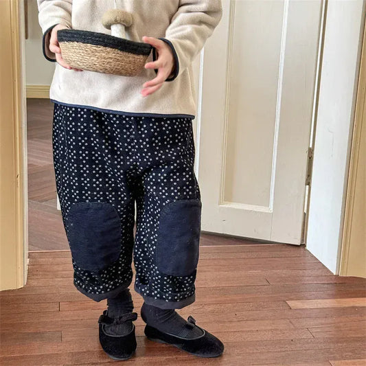 ロングパンツ・スウェットパンツ キッズパンツ フラワー小花柄膝パッチ裏フリースコーデュロイルーズロングパンツ 2カラー【mh0007616】