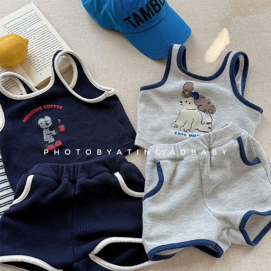 ノースリーブセットアップ プリントロゴバイピングタンクトップ+ショートパンツセットアップ 2点セット【mh0009786】