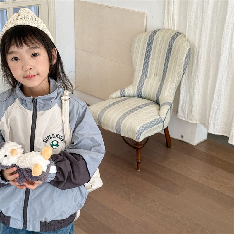 ショートコート・ジャケット・ジャンパー 6033 gray-blue / 80cm キッズアウター パッチワークスタンドカラージップアップウィンドブレーカージャケット【mh0008988】