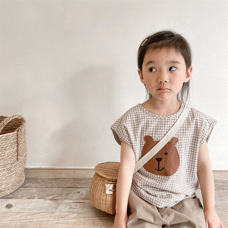 タンクトップ・キャミソール・ノースリーブトップス Bear Check French Sleeve Top くま チェック フレンチスリーブトップス【mh0012144】