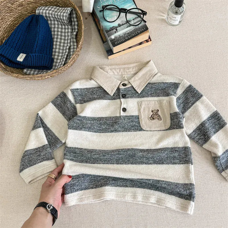 長袖シャツ・ブラウス Beige Gray / 12M 80CM キッズトップス ボーダー 長袖ポロシャツ くまベア刺繍 2カラー【mh0006602】