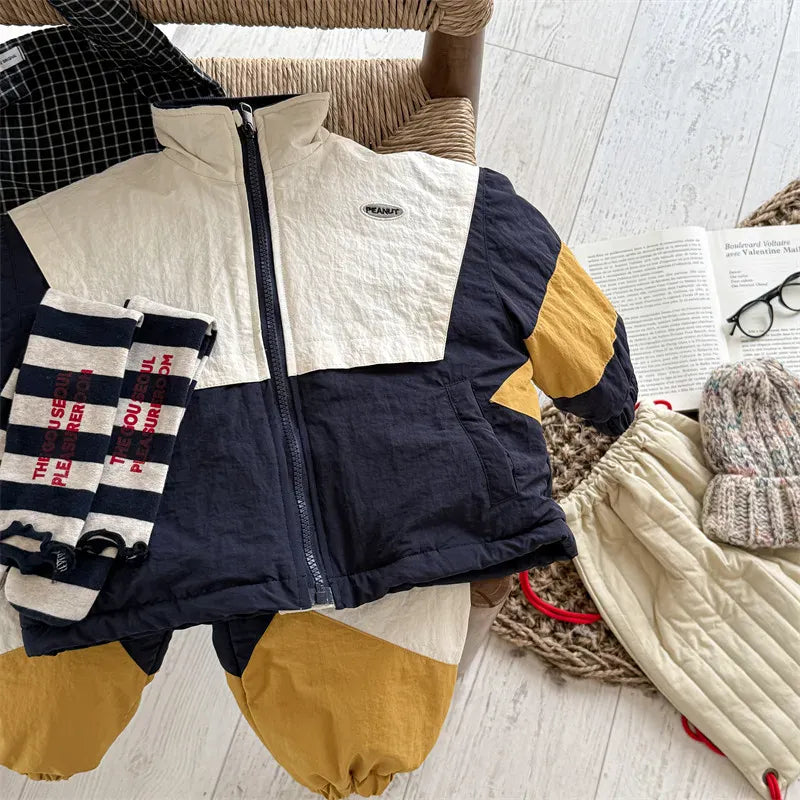 長袖セットアップ Blue / 12M 80CM キッズセットアップ 2点セット パッチワークパデッドスタンドカラージップアップジャケット+スポーツロングパンツ【mh0008319】