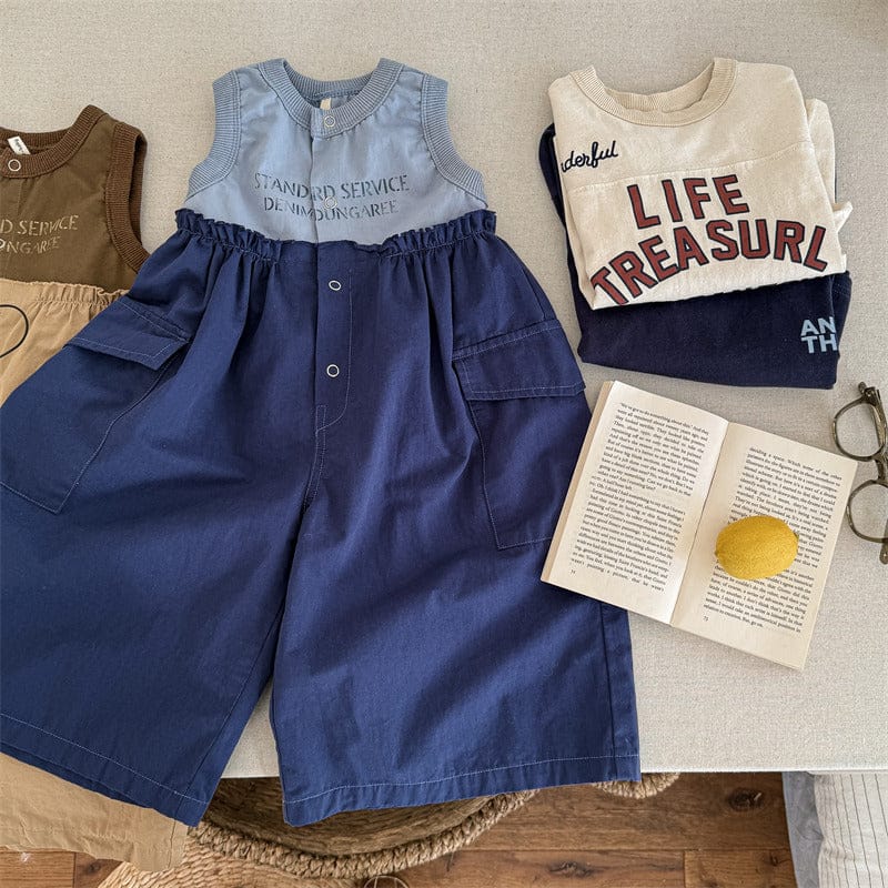ノースリーブジャンプスーツ Blue / 80cm キッズジャンプスーツ レターロゴプリントノースリーブドッキングジャンプスーツ【mh0009017】