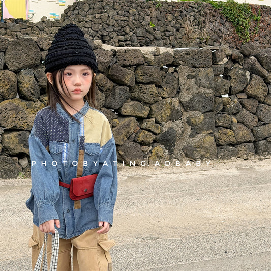 長袖シャツ・ブラウス Children's Denim Patch Shirt デニムパッチワークシャツ【mh0011947】