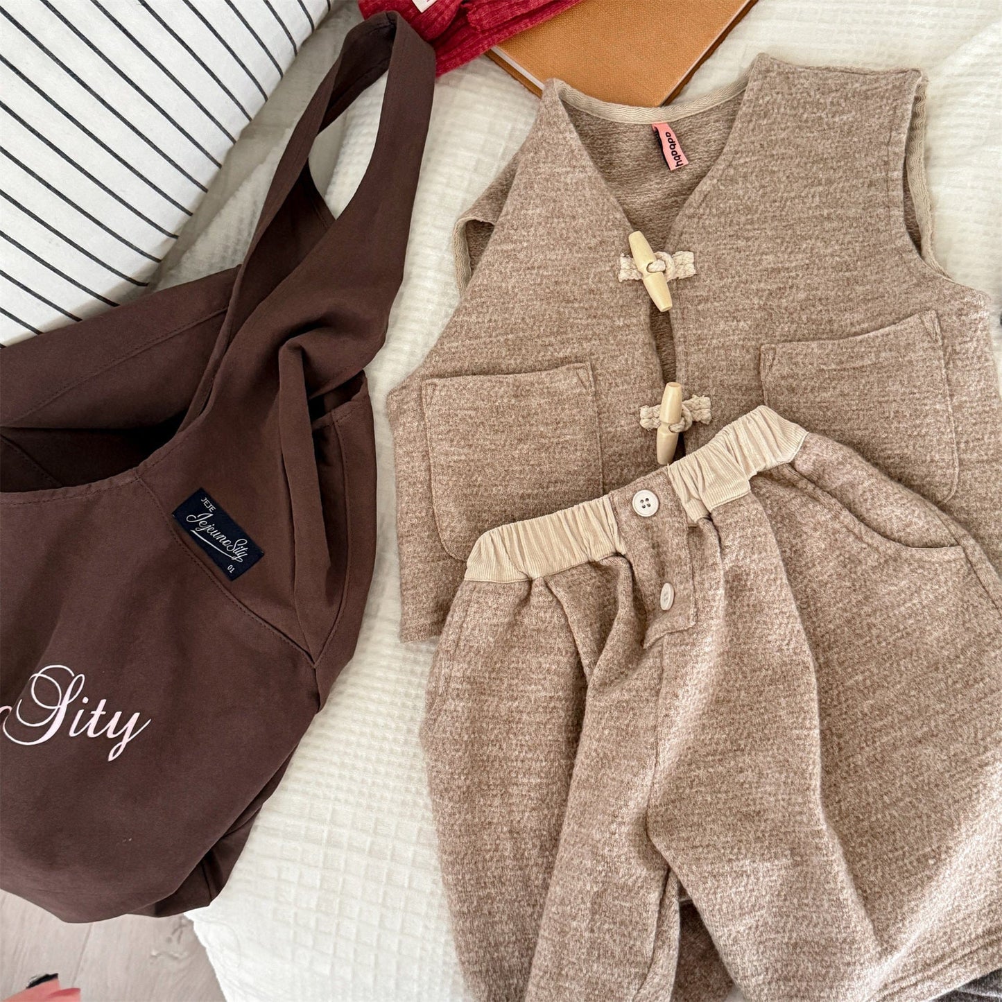 ノースリーブセットアップ Coffee / 80cm トグルボタンノースリーブベストジャケット+ハーフパンツセットアップ 2点セット【mh0010640】