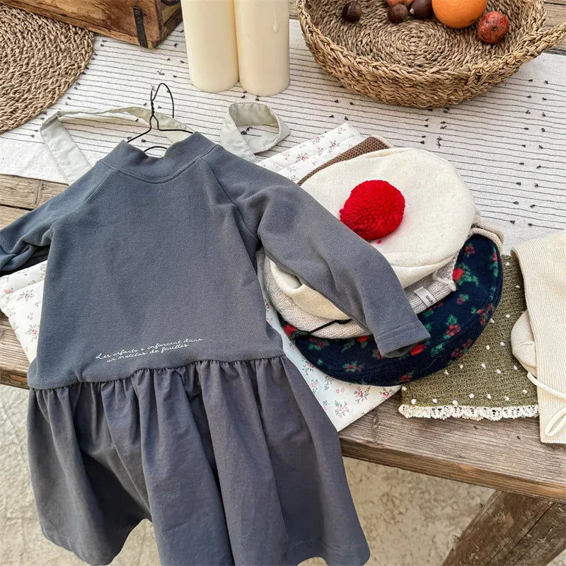 長袖ワンピース Dark Gray / 12M 80CM キッズワンピース ハイネックレターロゴプリントドッキング長袖ワンピース【mh0008281】