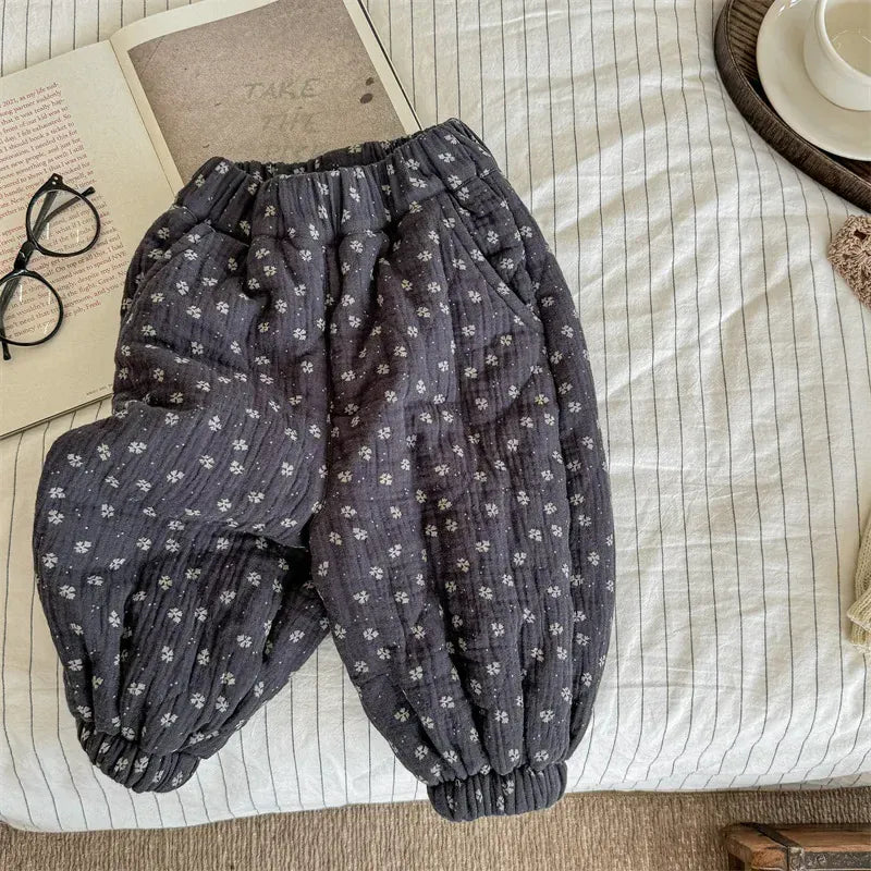 ロングパンツ・スウェットパンツ Dark Gray / 80cm 9-12M キッズパンツ フラワー小花柄ルーズ厚手防寒ロングジョガーバルーンパンツ 2カラー【mh0007564】