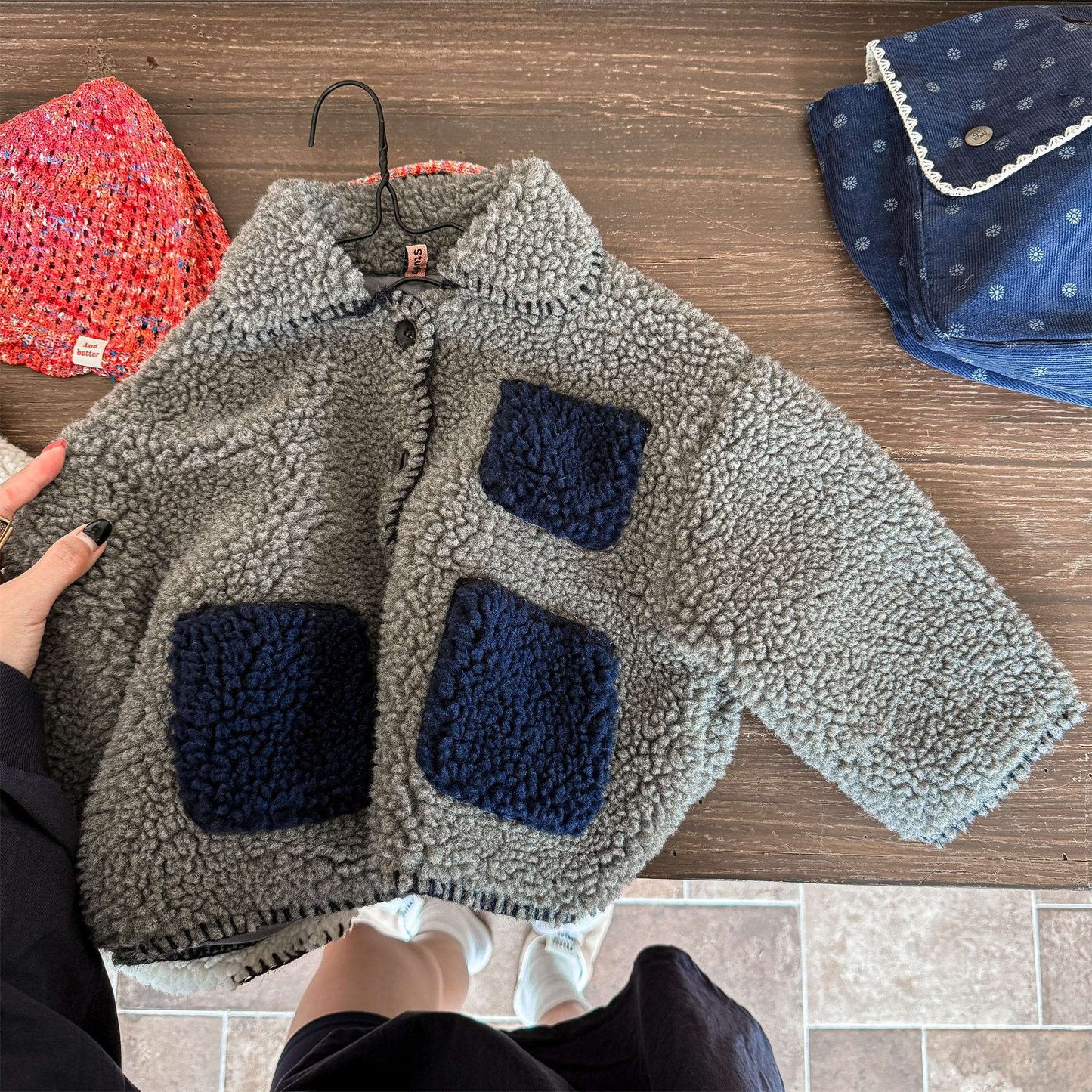 ショートコート・ジャケット・ジャンパー Gray / 80cm シープボアジャケット バイカラーポケット アウター 厚手 もこもこ防寒【mh0011437】