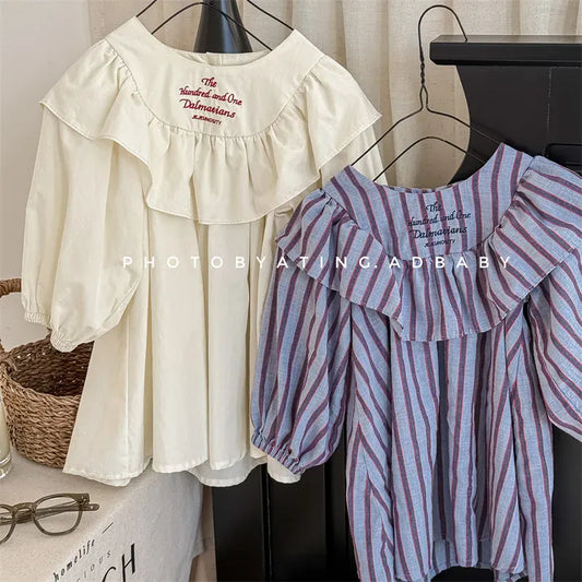 長袖ワンピース キッズワンピース ストライプ/無地レターロゴ刺繍フリル長袖ワンピース【mh-0008626】