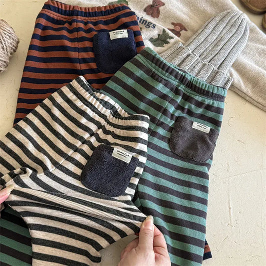 レギンスパンツ キッズパンツ ボーダー裏フリース厚手レギンスパンツ【mh0007619】