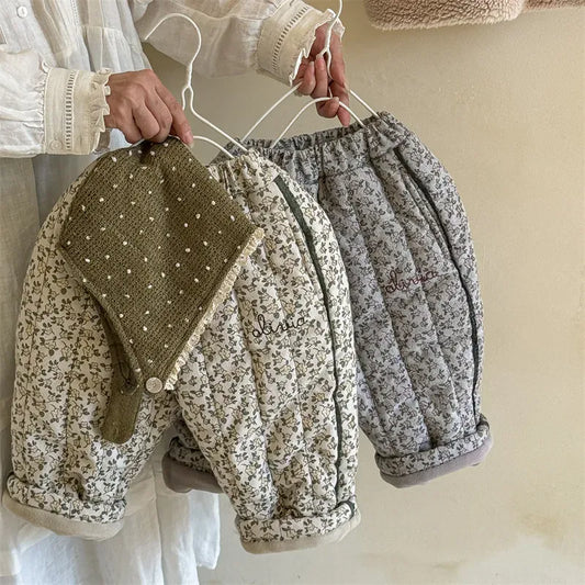 ロングパンツ・スウェットパンツ キッズパンツ フラワー花柄プリント裏フリースコーデュロイ厚手ロングパンツ 暖パン【mh0007620】