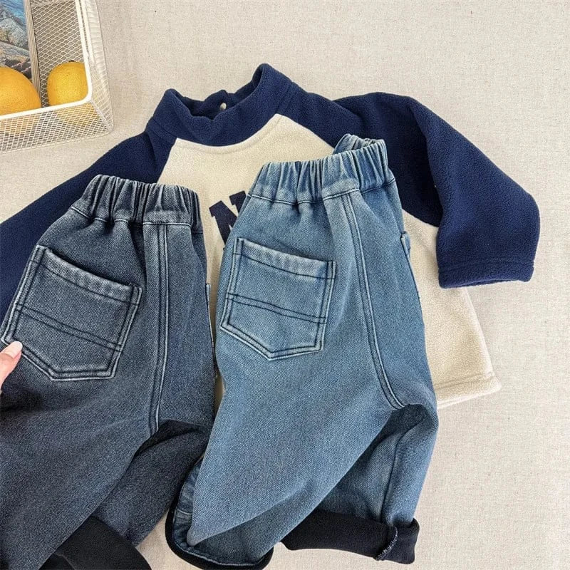 デニムパンツ キッズパンツ 象エレファント刺繍裏フリースデニムパンツジーンズ【mh0007959】