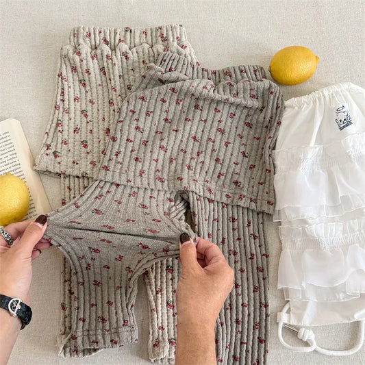 レギンスパンツ キッズパンツ フラワープリントスカートドッキングリブレギンスパンツスカッツ【mh0008631】