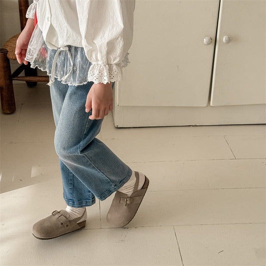 デニムパンツ キッズパンツ チュチュレーススカートドッキングストレートデニムパンツジーンズ【mh0008985】