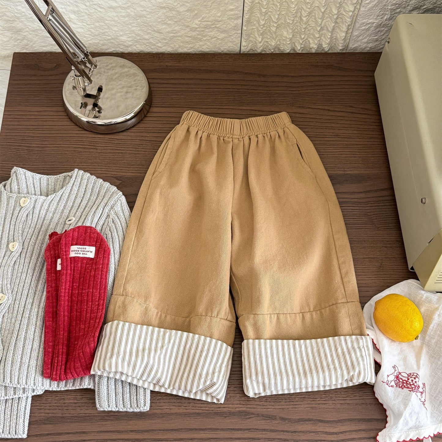 ロングパンツ・スウェットパンツ Mustard Yellow / 80cm ストライプロールアップワイドルーズストレートパンツ【mh0010641】