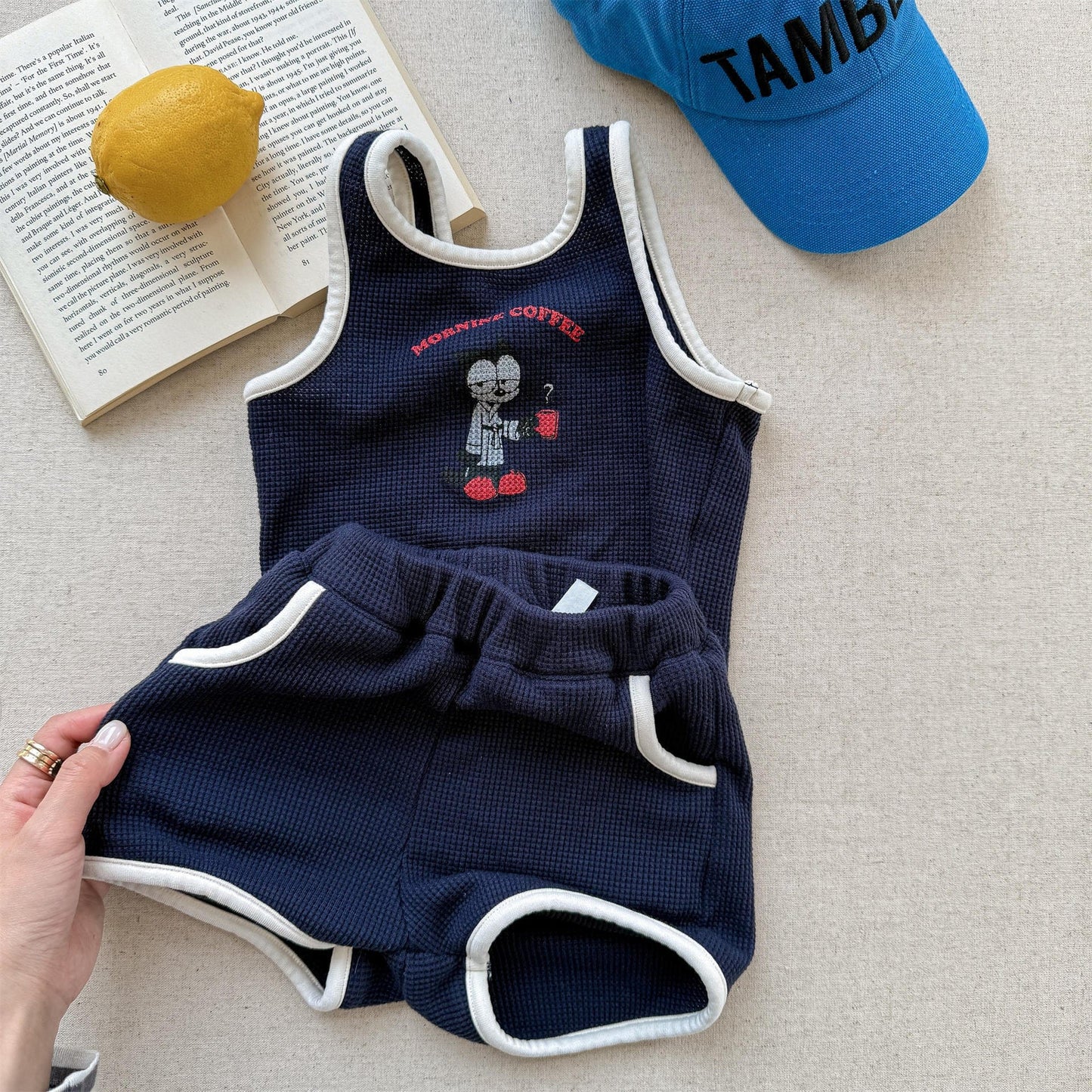 ノースリーブセットアップ Navy / 80cm プリントロゴバイピングタンクトップ+ショートパンツセットアップ 2点セット【mh0009786】