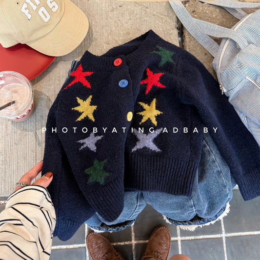 カーディガン・パーカー Navy / 80cm ニットカーディガン 厚手 カラフルスター 星 セーター【mh0011921】