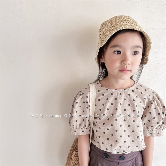 半袖シャツ・ブラウス Polka Dot Linen Puff Sleeve Shirt みずたま パフスリーブ ブラウス【mh0011994】