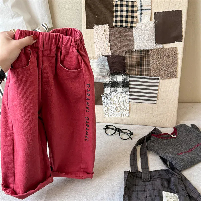 ロングパンツ・スウェットパンツ Red / 5T 120CM キッズパンツ レターロゴプリントロングルーズパンツ 2カラー【mh0006837】