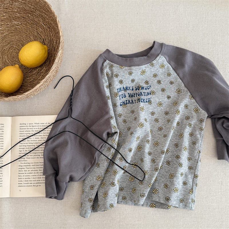 長袖Tシャツ 6006 light grey / 80cm キッズトップス レトロフラワープリントラグランスリーブ長袖Tシャツ【mh0008996】
