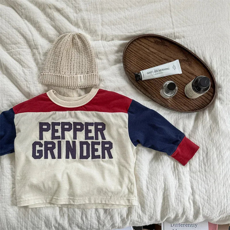 長袖Tシャツ Beige / 12M 80CM キッズトップス 長袖Tシャツ ホッケーシャツ パッチワーク レターロゴ刺繍 2カラー【mh0006594】