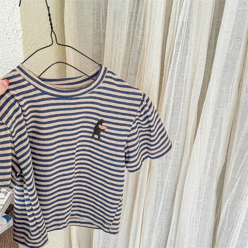 半袖Tシャツ Coffee / 12M 80CM キッズトップス 半袖ボーダーTシャツ ワンポイントプリント 2カラー【mh0005446】