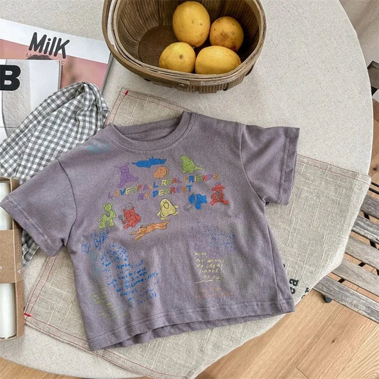 半袖Tシャツ Grey / 12M 80cm キッズトップス 半袖Tシャツ カラフルレター ベアくまお絵描きプリント 2カラー【mh0005402】